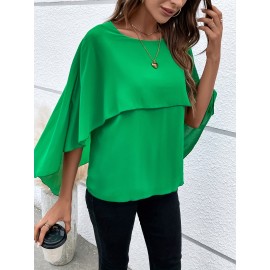 Solid Layered Cloak Sleeve Blouse, Versatile Crew Neck Blouse For Spring & Fall, Women's Clothing