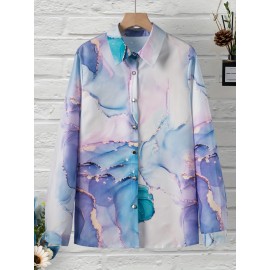 Marble Print Button Front Shirt, Casual Versatile Long Sleeve Shirt, Women's Clothing