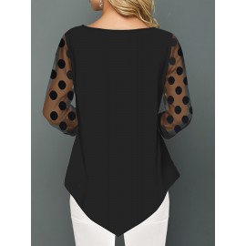Polka-dot Mesh Notched Neck Blouse, Versatile 3/4 Sleeve Blouse For Spring & Fall, Women's Clothing