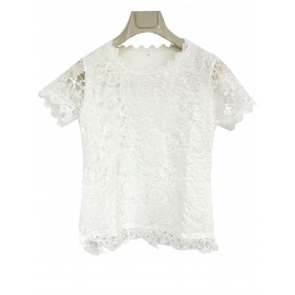 Lace Crew Neck T-Shirt, Elegant Short Sleeve T-Shirt For Spring & Summer, Women's Clothing