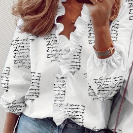 Ruffled Trim V Neck Shirt, Elegant Loose Long Sleeve Shirt, Women's Clothing