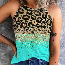 Leopard Print Halter Tank Top, Casual Sleeveless Tank Top For Summer, Women's Clothing