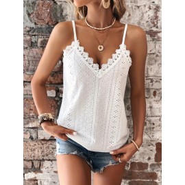 Eyelet Contrast Lace Cami Top, Casual V-neck Spaghetti Strap Top For Summer, Women's Clothing