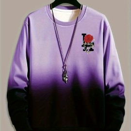 Ombre Trendy Sweatshirt, Men's Casual Retro Rose Graphic Design Slightly Stretch Crew Neck Pullover Sweatshirt For Autumn Winter