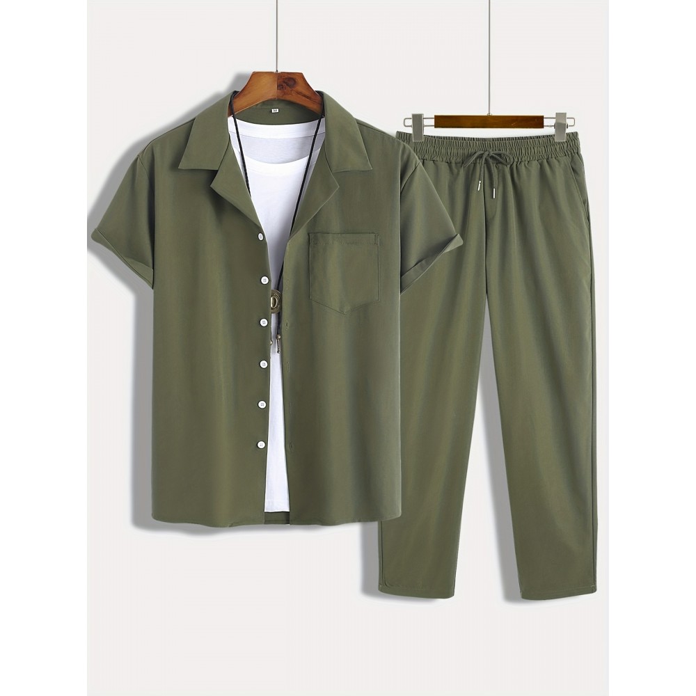 Men's 2Pcs Outfits, Casual Lapel Button Up Short Sleeve Shirt And Drawstring Pants Set For Summer, Men's Clothing For Daily Leisure Loungewear Vacation Resorts