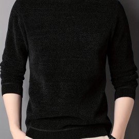 Men's Stylish Solid Knitted Pullover, Casual High Stretch Breathable Long Sleeve Crew Neck Top For City Walk Street Hanging Outdoor Activities