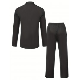 Cotton Boho Style Pattern Embroidery Men's 2 Pieces Outfits, Long Sleeve Lace Up Shirt And Drawstring Solid Trousers Set