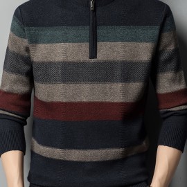 All Match Knitted Striped Sweater, Men's Casual Warm High Stretch Half Zipper Pullover Sweater For Men Fall Winter