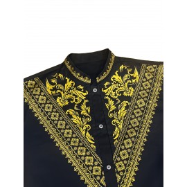 Men's African Dashiki Shirt Metallic Floral Printed Slim Fit Long Sleeve Hoodies Shirts