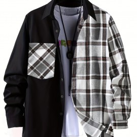 Plaid Pattern Men's Casual Thin Long Sleeve Color Block Button Up Shirt With Chest Pocket, Male Clothes For Summer Spring And Fall