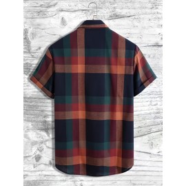 Men's Plaid Turndown Collar Short Sleeve Shirt, Trendy Comfy Shirt For Spring Summer Autumn